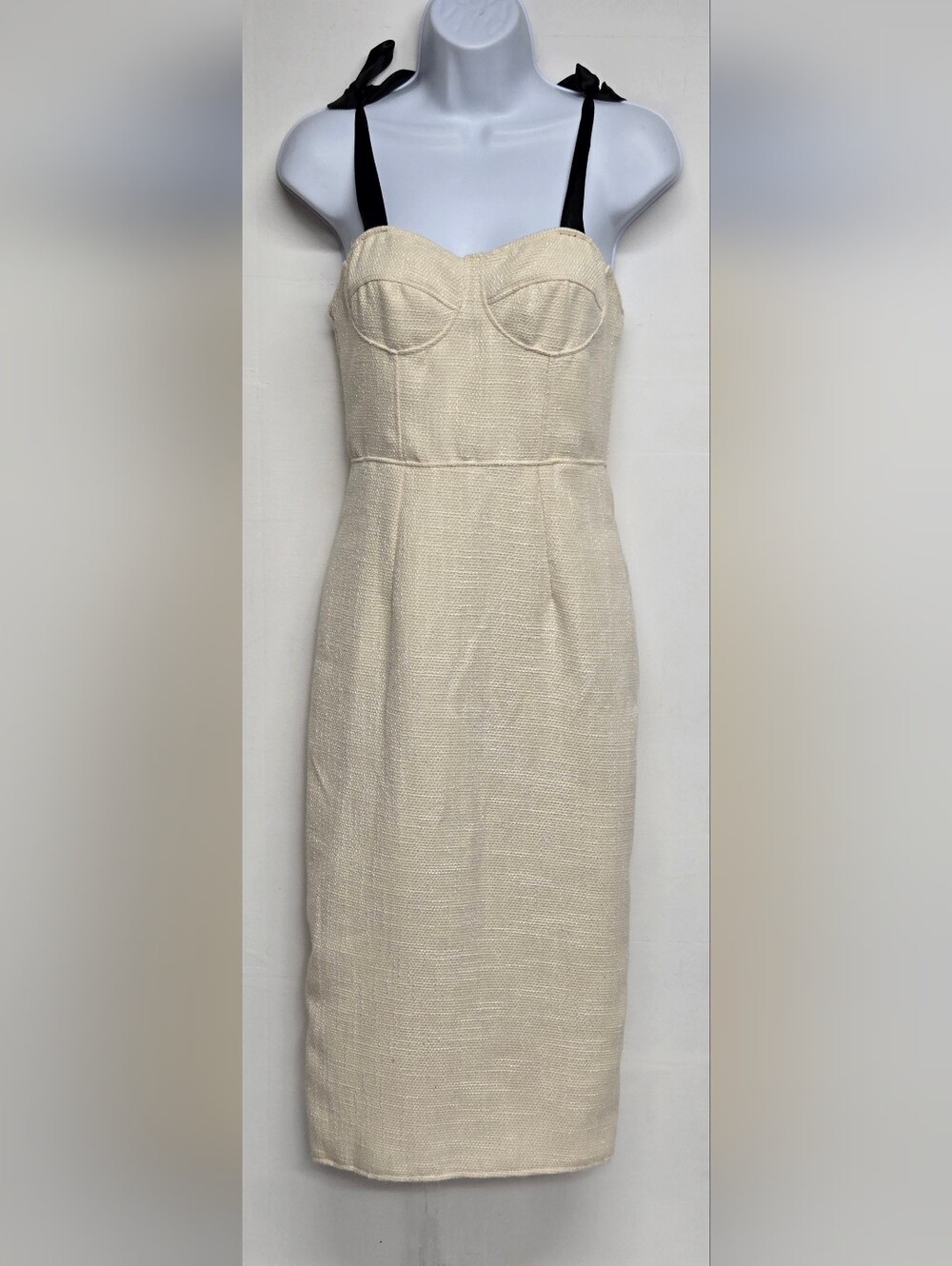 Shein XS Cream Colored Pencil Dress Woven Tweed Ribbon Shoulder Straps